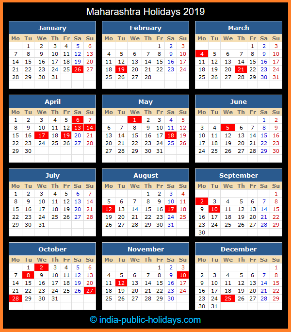 Maharashtra Holiday Calendar 2019